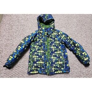 Kamik Kids Green Blue Geometric Ski Jacket Size 7 With Detachable Hood